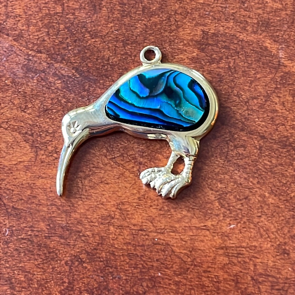 Kiwi bird pendant abalone gold tone